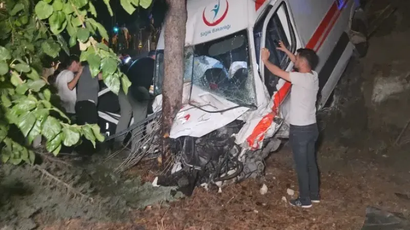 Kamyonetin çarptığı ambulans bahçeye uçtu